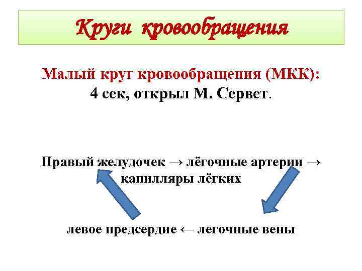 Круги кровообращения Малый круг кровообращения (МКК): 4 сек, открыл М. Сервет. Правый желудочек →