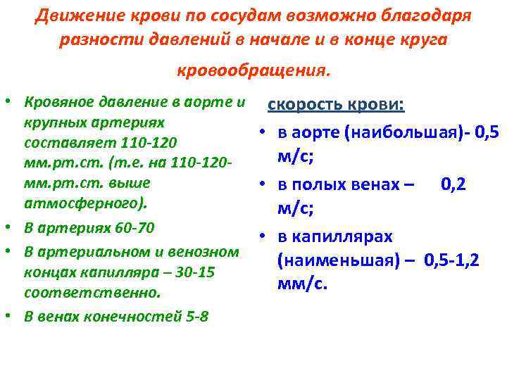 Движение крови по сосудам возможно благодаря разности давлений в начале и в конце круга