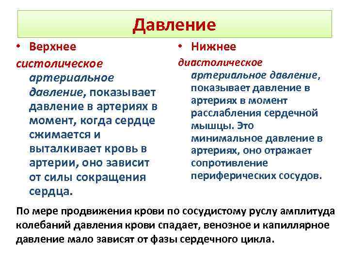 Давление • Верхнее систолическое артериальное давление, показывает давление в артериях в момент, когда сердце