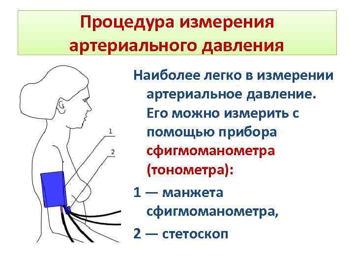 Процедура измерения артериального давления Наиболее легко в измерении артериальное давление. Его можно измерить с