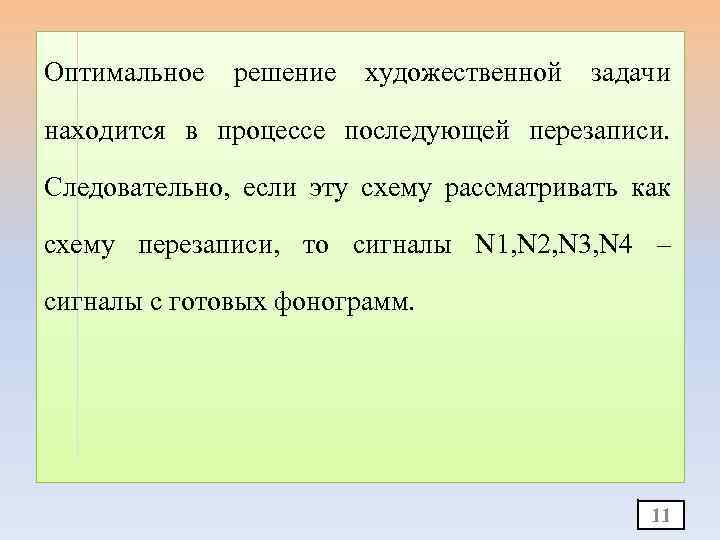 Оптимальное решение художественной задачи находится в процессе последующей перезаписи. Следовательно, если эту схему рассматривать