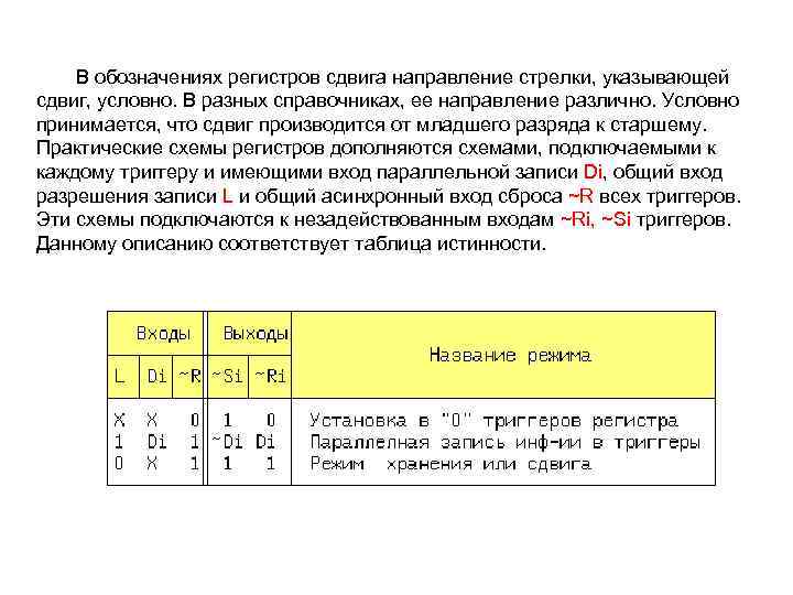 В обозначениях регистров сдвига направление стрелки, указывающей сдвиг, условно. В разных справочниках, ее направление