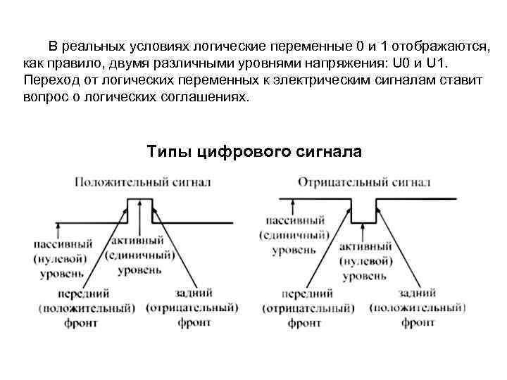 В реальных условиях логические переменные 0 и 1 отображаются, как правило, двумя различными уровнями