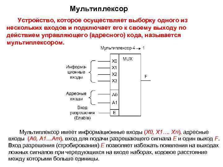 Мультиплексор Устройство, которое осуществляет выборку одного из нескольких входов и подключает его к своему