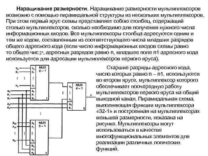 Наращивание размерности мультиплексоров возможно с помощью пирамидальной структуры из нескольких мультиплексоров. При этом первый