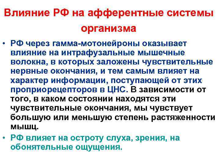 Влияние РФ на афферентные системы организма • РФ через гамма-мотонейроны оказывает влияние на интрафузальные