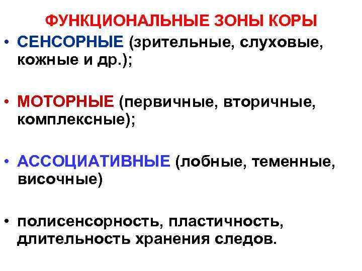 ФУНКЦИОНАЛЬНЫЕ ЗОНЫ КОРЫ • СЕНСОРНЫЕ (зрительные, слуховые, кожные и др. ); • МОТОРНЫЕ (первичные,