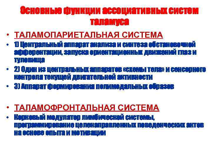Основные функции ассоциативных систем таламуса • ТАЛАМОПАРИЕТАЛЬНАЯ СИСТЕМА • 1) Центральный аппарат анализа и