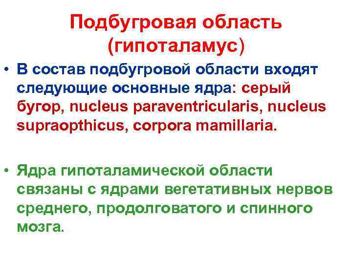 Подбугровая область (гипоталамус) • В состав подбугровой области входят следующие основные ядра: серый бугор,