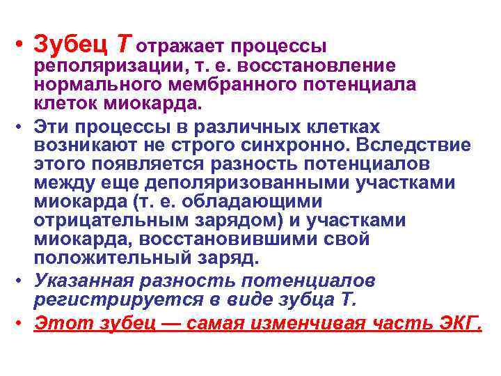  • Зубец Т отражает процессы реполяризации, т. е. восстановление нормального мембранного потенциала клеток