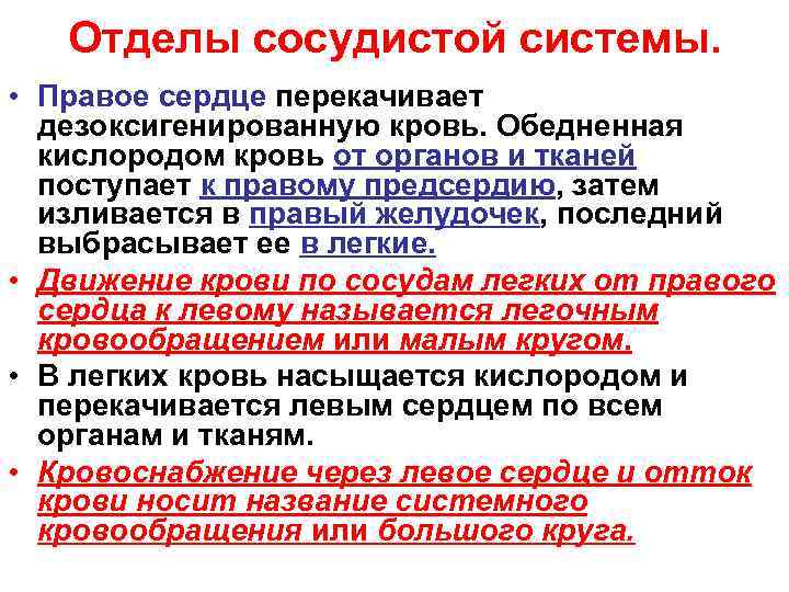 Отделы сосудистой системы. • Правое сердце перекачивает дезоксигенированную кровь. Обедненная кислородом кровь от органов