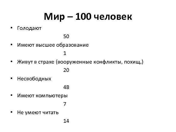 Мир – 100 человек • Голодают • • • 50 Имеют высшее образование 1