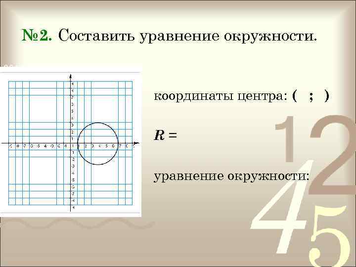 № 2. Составить уравнение окружности. координаты центра: ( ; ) R= уравнение окружности: 