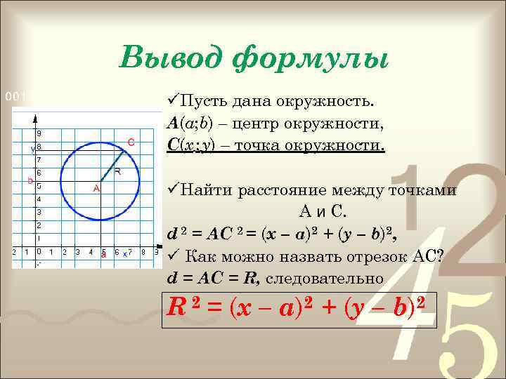 Вывод формулы üПусть дана окружность. А(а; b) – центр окружности, С(х ; у) –