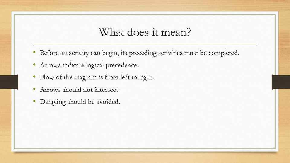 What does it mean? • • • Before an activity can begin, its preceding