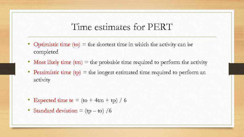 Time estimates for PERT • Optimistic time (to) = the shortest time in which