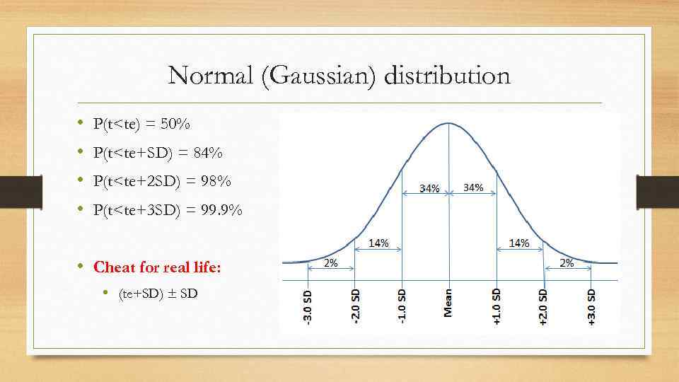 Normal (Gaussian) distribution • • P(t<te) = 50% P(t<te+SD) = 84% P(t<te+2 SD) =