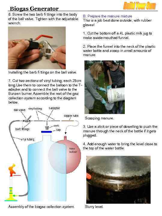 Biogas Generator 6. Screw the two barb fi ttings into the body of the