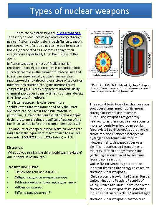 Types of nuclear weapons There are two basic types of nuclear weapon. The first