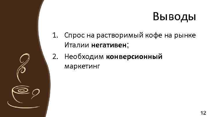 Выводы 1. Спрос на растворимый кофе на рынке Италии негативен; 2. Необходим конверсионный маркетинг