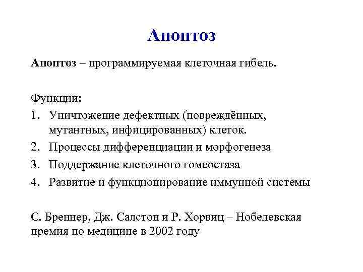 Апоптоз – программируемая клеточная гибель. Функции: 1. Уничтожение дефектных (повреждённых, мутантных, инфицированных) клеток. 2.