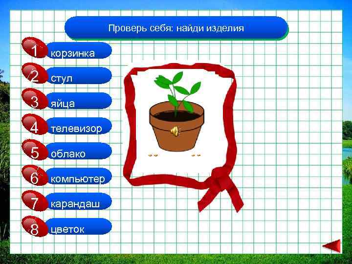 Проверь себя: найди изделия 1 корзинка 2 стул 3 яйца 4 телевизор 5 облако