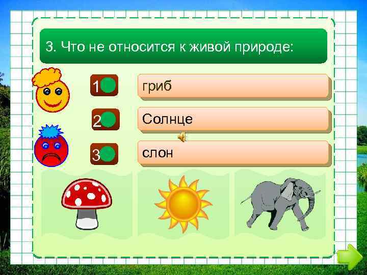 3. Что не относится к живой природе: 1 - гриб 2+ Солнце 3 -