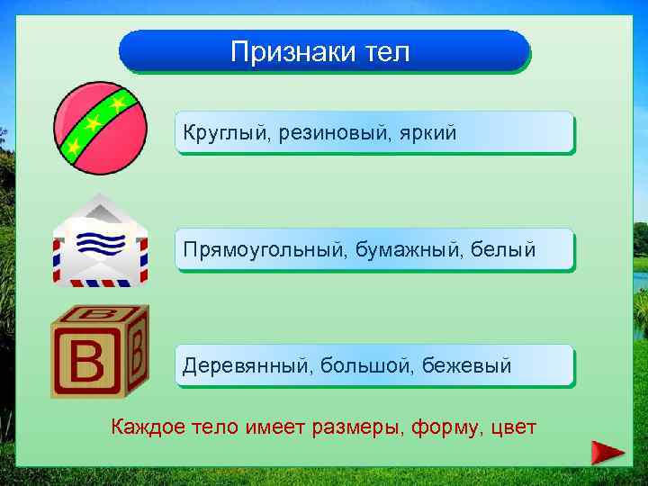 Признаки тел Круглый, резиновый, яркий Прямоугольный, бумажный, белый Деревянный, большой, бежевый Каждое тело имеет