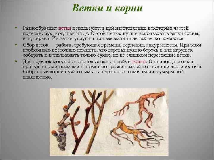 Ветки и корни • • • Разнообразные ветки используются при изготовлении некоторых частей поделки: