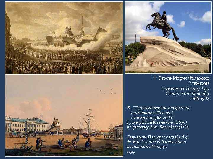 ↑ Этьен-Морис Фальконе (1716 -1791) Памятник Петру I на Сенатской площади 1766 -1782 ↖