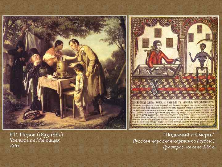 В. Г. Перов (1833 -1882) Чаепитие в Мытищах 1862 “Подьячий и Смерть” Русская народная