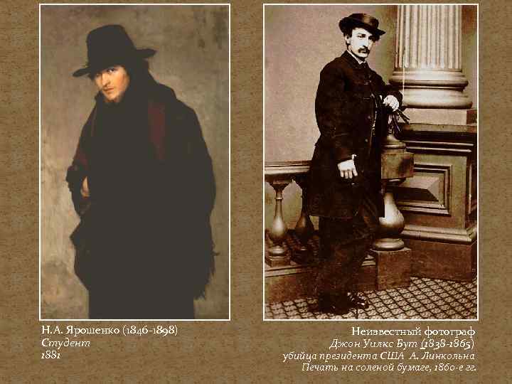 Н. А. Ярошенко (1846 -1898) Студент 1881 Неизвестный фотограф Джон Уилкс Бут (1838 -1865)