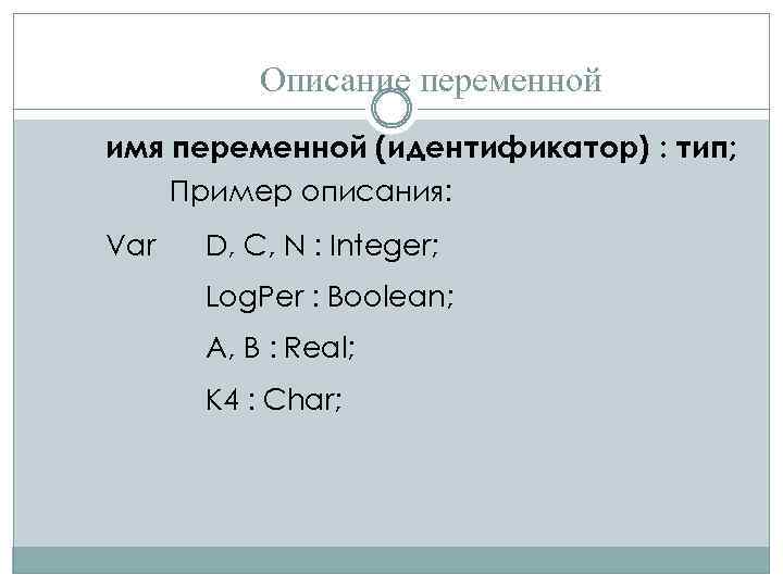 Описание переменной имя переменной (идентификатор) : тип; Пример описания: Var D, C, N :