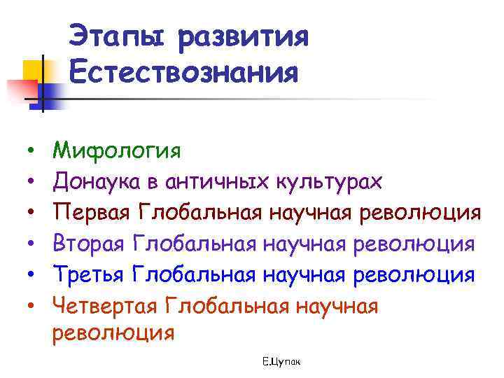 Этапы развития Естествознания • • • Мифология Донаука в античных культурах Первая Глобальная научная