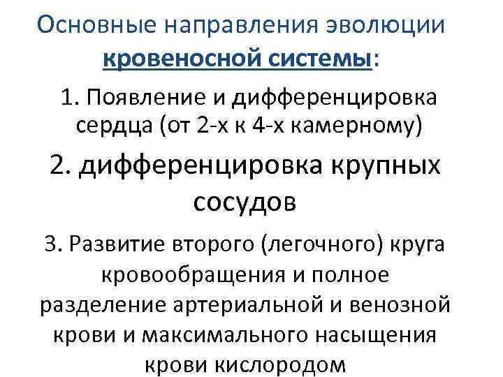 Основные направления эволюции кровеносной системы: 1. Появление и дифференцировка сердца (от 2 -х к