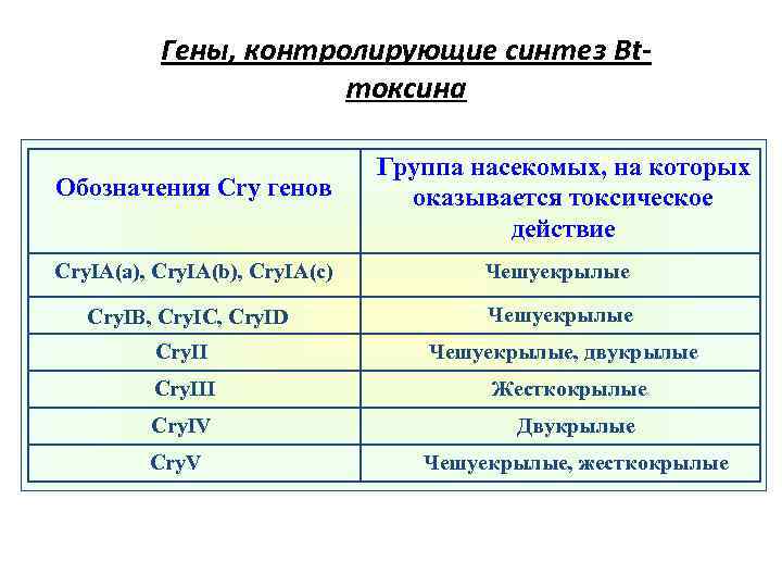 Гены, контролирующие синтез Btтоксина Обозначения Cry генов Группа насекомых, на которых оказывается токсическое действие