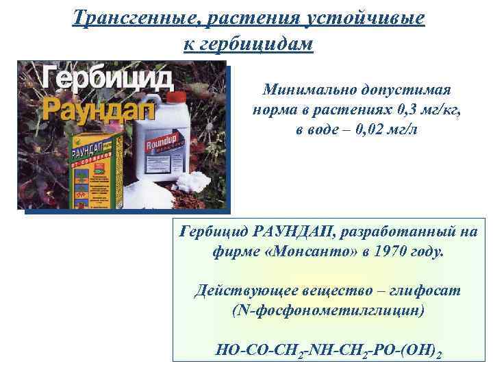 Трансгенные, растения устойчивые к гербицидам Минимально допустимая норма в растениях 0, 3 мг/кг, в