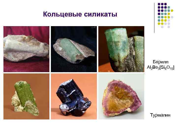 Кольцевые силикаты Берилл Al 2 Be 3[Si 6 O 18] Турмалин 