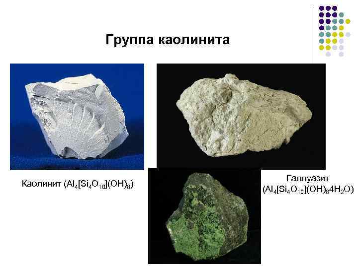 Группа каолинита Каолинит (Al 4[Si 4 O 10](OH)8) Галлуазит (Al 4[Si 4 O 10](OH)84