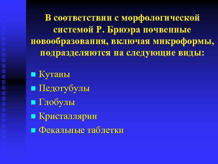 В соответствии с морфологической системой Р. Брюэра почвенные новообразования, включая микроформы, подразделяются на следующие