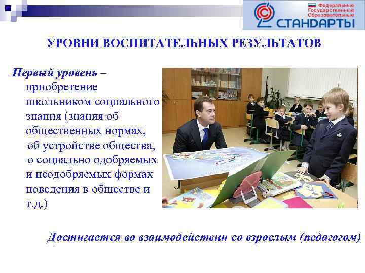 УРОВНИ ВОСПИТАТЕЛЬНЫХ РЕЗУЛЬТАТОВ Первый уровень – приобретение школьником социального знания (знания об общественных нормах,