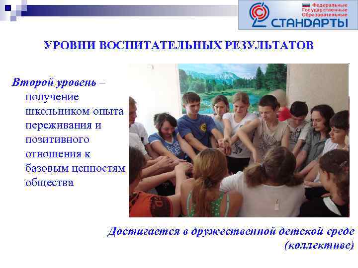 УРОВНИ ВОСПИТАТЕЛЬНЫХ РЕЗУЛЬТАТОВ Второй уровень – получение школьником опыта переживания и позитивного отношения к