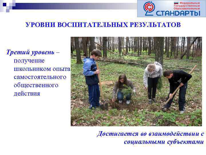 УРОВНИ ВОСПИТАТЕЛЬНЫХ РЕЗУЛЬТАТОВ Третий уровень – получение школьником опыта самостоятельного общественного действия Достигается во