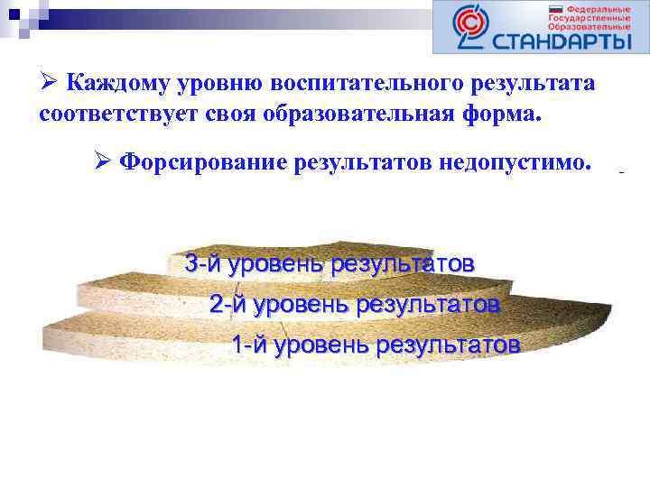 Ø Каждому уровню воспитательного результата соответствует своя образовательная форма. Ø Форсирование результатов недопустимо. 3