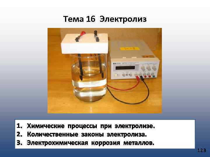 Тема 16 Электролиз 1. Химические процессы при электролизе. 2. Количественные законы электролиза. 3. Электрохимическая