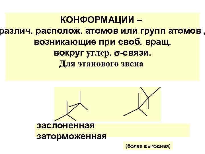 КОНФОРМАЦИИ – различ. располож. атомов или групп атомов , возникающие при своб. вращ. вокруг