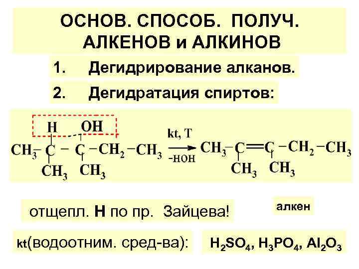 ОСНОВ. СПОСОБ. ПОЛУЧ. АЛКЕНОВ и АЛКИНОВ 1. Дегидрирование алканов. 2. Дегидратация спиртов: отщепл. Н