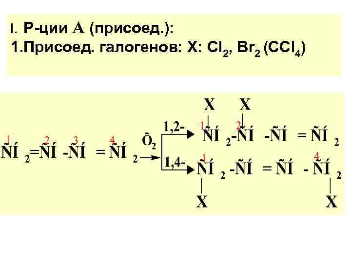 І. Р-ции А (присоед. ): 1. Присоед. галогенов: Х: Сl 2, Вr 2 (ССl