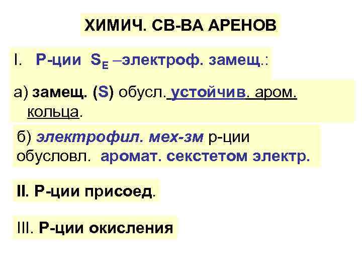 ХИМИЧ. СВ-ВА АРЕНОВ I. Р-ции SЕ –электроф. замещ. : а) замещ. (S) обусл. устойчив.