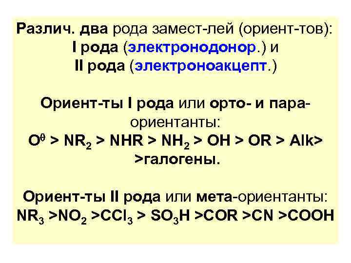 Различ. два рода замест-лей (ориент-тов): I рода (электронодонор. ) и II рода (электроноакцепт. )